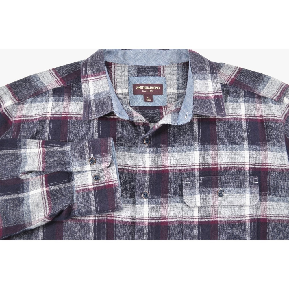 Johnston & Murphy Flannel Shirt Mens XL Button Down Plaid Navy Gray & Wine Nice!
